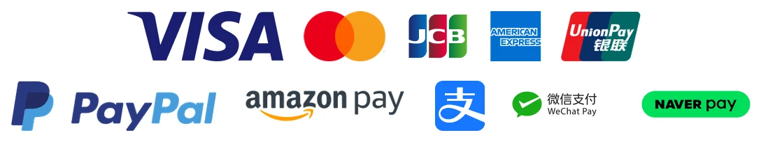 WorldShopping 可使用的付款方式：Visa、Mastercard、JCB、American Express、銀聯、PayPal、Amazon Pay、支付寶、微信支付、NAVER Pay