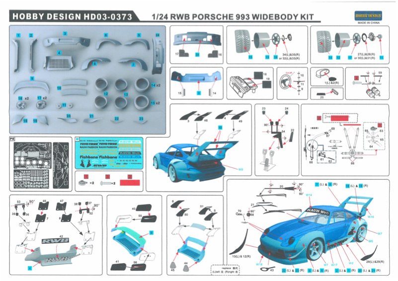 [メーカー絶版] ホビーデザイン 1/24 RWB (Rauh-Welt Begriff) ポルシェ 993 ワイドボディ トランスキット  (タミヤ対応)　HD03-0373